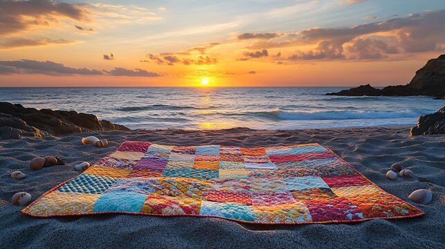 A patchwork quilt spread out on a sandy beach, surrounded by seashells and ocean waves in the distance, colorful patterns standing out against the natural backdrop, golden light of sunset,