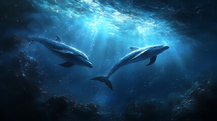 Fototapeta premium A pod of dolphins swimming just below the ocean surface, their movements synchronized, light rippling through the water, a sense of freedom and unity, highly realistic with intricate textures.