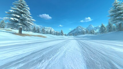 Obraz premium Scenic Winter Wonderland Snowy Mountain Road Ski Tracks Frozen Landscape