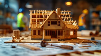 Wooden house model with plans, workers, and tools.