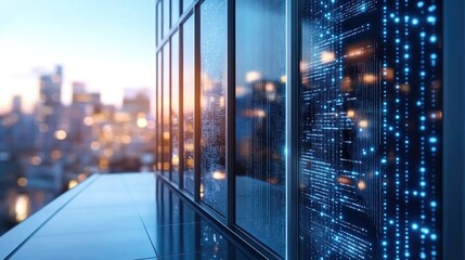 Fototapeta premium Abstract representation of a technology-enhanced workspace with a dot pattern, showcasing a blurred foreground that invites creativity