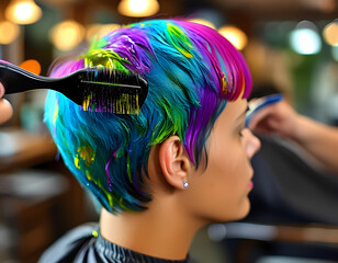 Stylist Applying Vibrant Hair Dye with Precision Brushwork