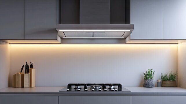 Modern electric hood exhaust installed above a stainless steel stove, glowing softly with built-in LED lighting in a contemporary kitchen.