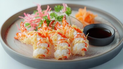 Tempura shrimp with grated daikon radish, carrot, and soy sauce.