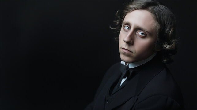 AI recreation of Lewis Carroll's face from a vintage 1855 portrait, depicting a Victorian-era author with a solemn expression and formal black attire.  
