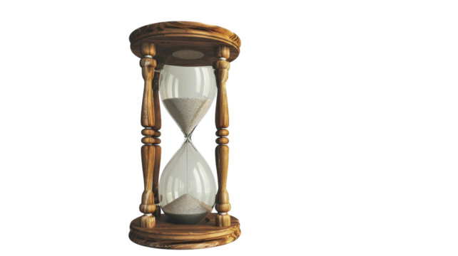 Time gently flows in a wooden hourglass against a vibrant angular background, symbolizing the passage of moments in everyday life