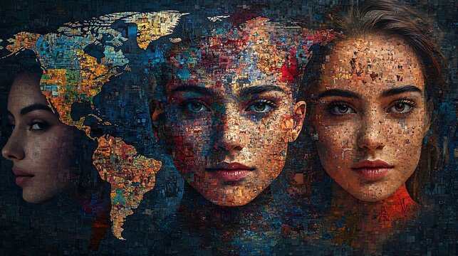 A seamless mosaic of faces forming a map of the world, each portrait finely detailed and glowing with soft lighting, vibrant colors creating a sense of global harmony, ultra-realistic and inspiring.