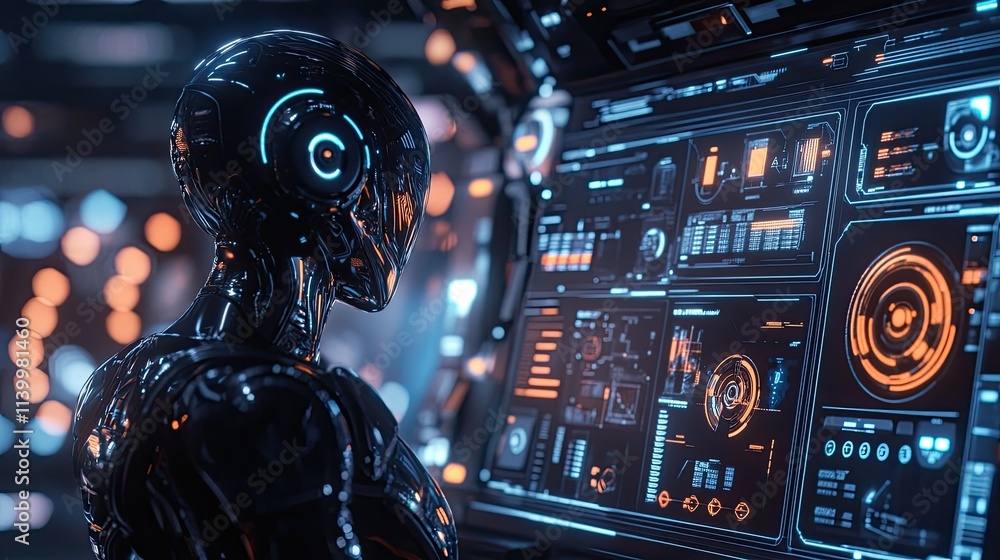 Aufkleber futuristic robot interacts with advanced technology interface