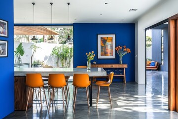 Modern Dining Area With Orange Chairs And Blue Walls