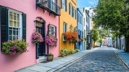 Naklejka premium Rainbow Row, Charleston, South Carolina: A picturesque street of colorful historic houses.