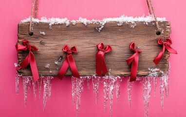A rustic wooden sign with icicle designs and red ribbons hanging on a vibrant pink background