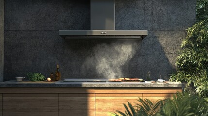 Obraz premium Outdoor kitchen setup with an electric hood exhaust ventilating smoke from a grilling station.