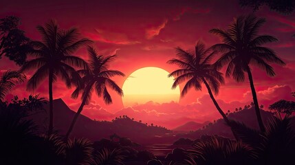 Tropical Sunset Silhouette Palm Trees Ocean View