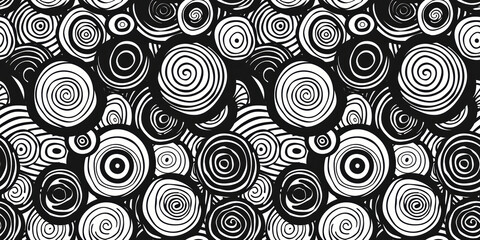 Seamless pattern with black and white spirals, repeat funny background