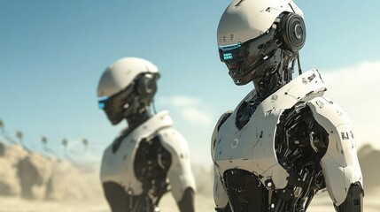 Fototapeta premium Two Advanced Robots Stand in a Desert Landscape