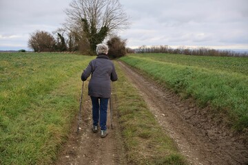 Obraz premium vieille dame marchant sur un chemin dans la campagne