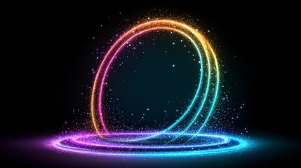 Obraz premium Glowing Rainbow Rings Abstract Light Trails Magic Circle Sparkling Particles 4K Backgr