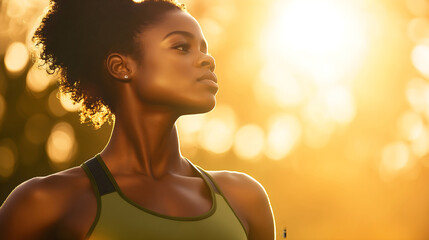 African American woman with natural curls at sunset, horizontal, suitable for natural hair care, wellness content, fitness lifestyle and authentic beauty presentations