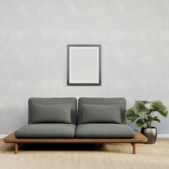 Home interior mock up poster on a white concrete wall, sofa and decor in Living room, blank picture frame, 3d render, 3d illustration