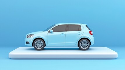 Obraz premium Modern Blue Car on Minimalist Platform Automotive Ad Cityscape Background