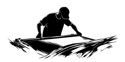 Artist removing the screen from the paper after completing a print run, Vectorized Art