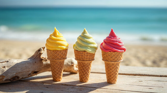 Helados de colores en conos sobre una mesa de madera en la playa