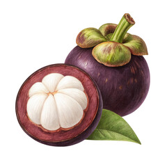 Fresh mangosteen fruit with a sliced interior and green leaves. on transparent cutout, PNG file