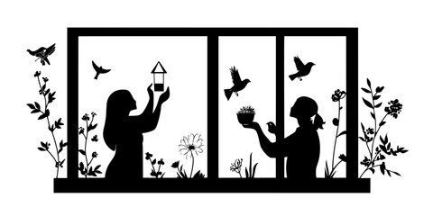 Birdwatchers setting up feeders in their yards to attract different species, Vectorized Art