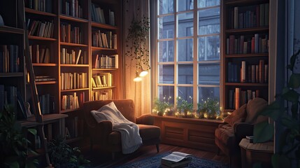 Cozy Reading Nook With Bookshelves And Window