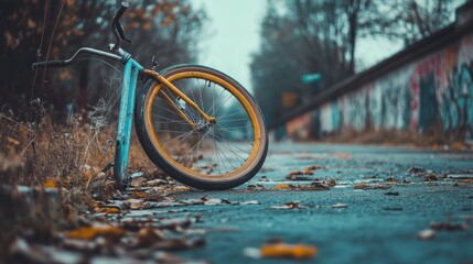 Abandoned bicycle lies on a path by graffiti wall in autumn.