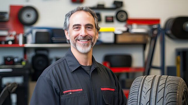 Professional auto mechanic holding a tire horizontally, showcasing a clean, organized repair workshop environment.