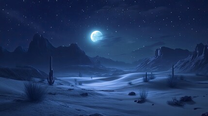 Desert Night Landscape Under Bright Moon And Stars