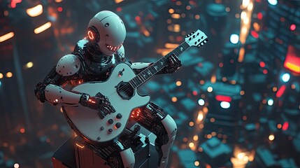 Robot Musician Plays Electric Guitar in Futuristic City