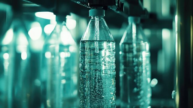 Purified water being dispensed into transparent bottles, captured mid-process in a clean bottling facility.