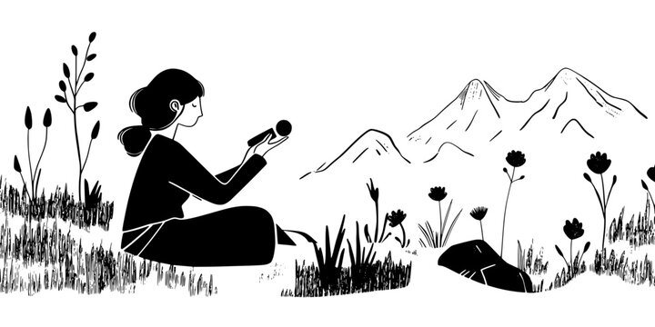 Individual capturing ambient sounds in a natural environment with a recorder, Vectorized Art