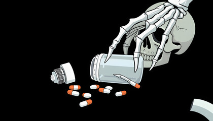Naklejka premium Bone hand reaching for fallen white plastic drug bottle and capsules fallen on black background. Skull in the background. Addiction and dark moody or horror concept isolated . Shades of white., p