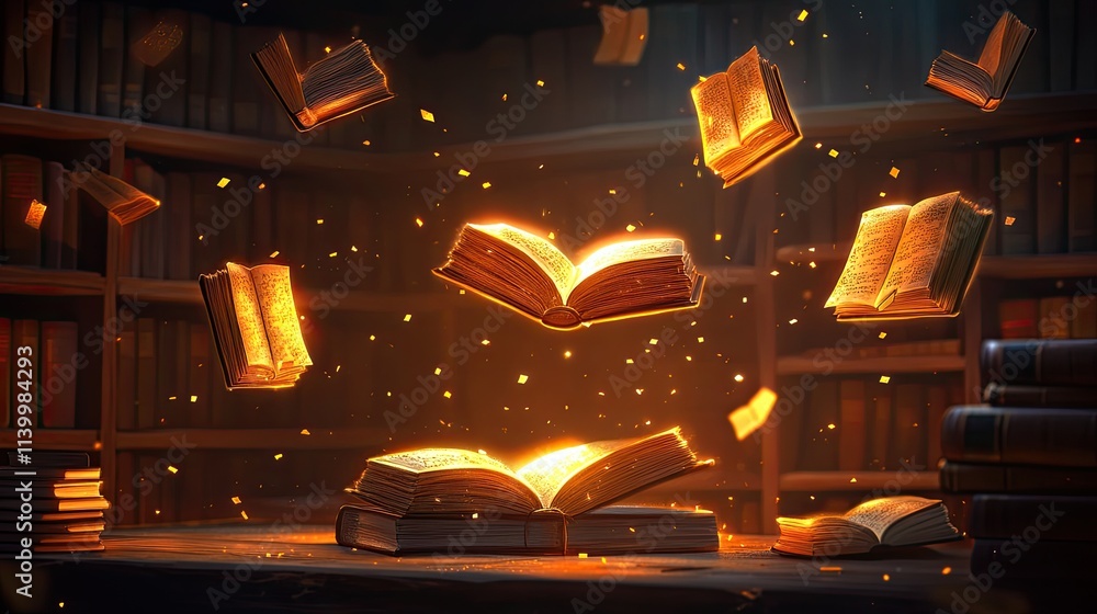 Poster glowing books float in a magical library setting