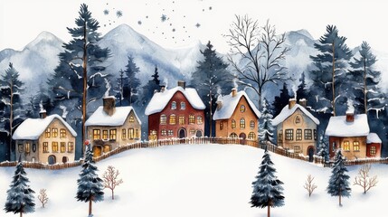 Fototapeta premium In winter, snowflakes dance and the roofs of houses are covered with white snow