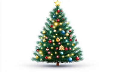 Fototapeta premium Decorated christmas tree with ornaments and lights, bright white background for festive holiday designs