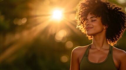 African American woman with natural curls at sunset, horizontal, suitable for natural hair care, wellness content, fitness lifestyle and authentic beauty presentations