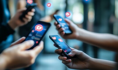 Hands hold phones; hearts appear onscreen.