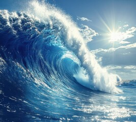 Obraz premium Massive ocean wave crashing under a bright sun with clouds in the sky during the afternoon