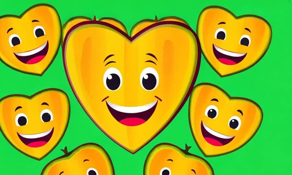 Cartoon mango slices arranged into hearts, laughing