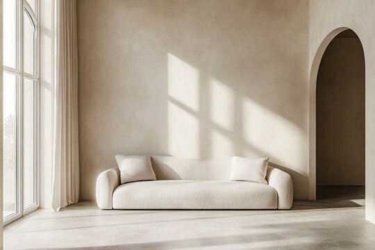 A minimalist living room with a beige sofa bathed in sunlight, creating a serene and calm atmosphere.