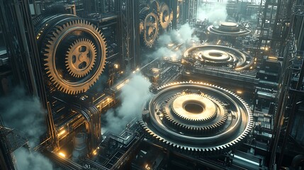 A vast network of interlocked gears in an open-air industrial complex, sunlight reflecting off the polished surfaces, smoke and steam adding a dynamic atmosphere, cinematic realism. --ar 16:9