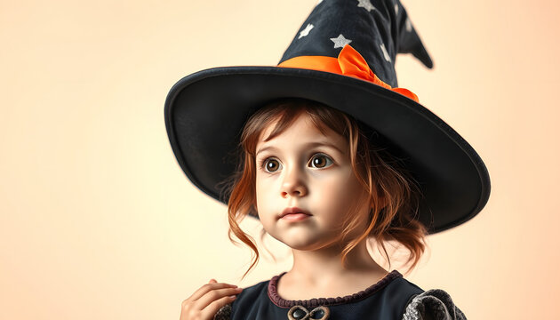 The child is ready for the heluin holiday. A girl in a witch's magic hat isolated . Shades of white., png