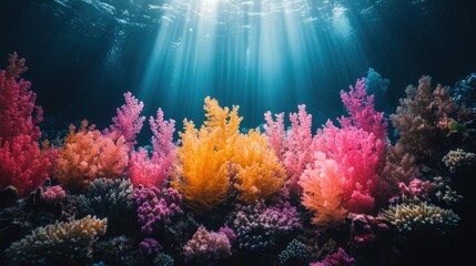 Fototapeta premium Vibrant coral reef illuminated by sunlight underwater.