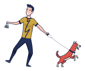 Cleaning after dog. Pet owner picking up pet waste during walk in public park. Animal responsibility of trash clean rules concept. Linear vector illustration