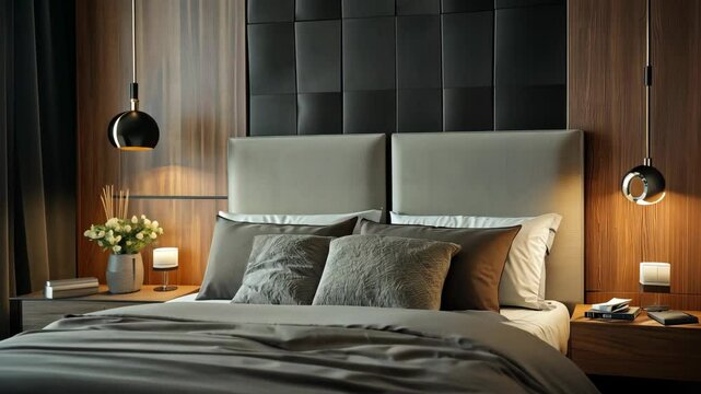 Wooden furniture, pampas grass, and soft sunlight in a modern bedroom interior design, evoking a cozy ambiance, alarm clock on bed