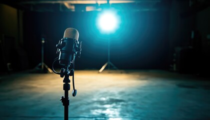 Studio Microphone Ready With Bright Podcast Light in Dark Background